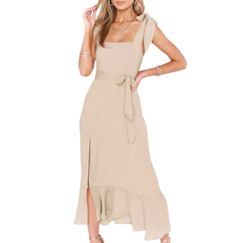 Apricot Square Neck Slit Midi Dress with Belt TQK311093-18