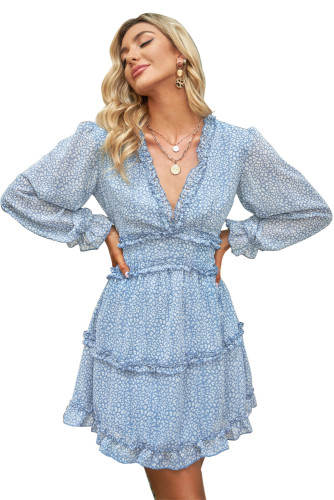 Sky Blue Ruffle Detailing Open Back Floral Dress LC220829-4