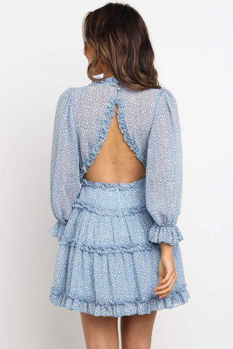 Sky Blue Ruffle Detailing Open Back Floral Dress LC220829-4