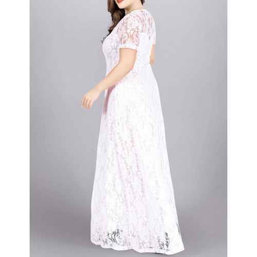 White Lace Short Sleeve Plus Size Maxi Dress TQK311094-1