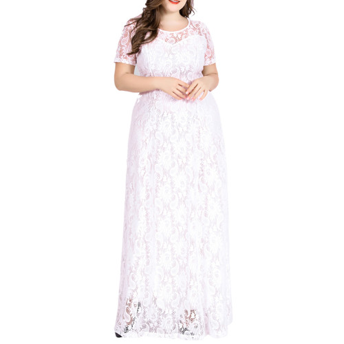 White Lace Short Sleeve Plus Size Maxi Dress TQK311094-1