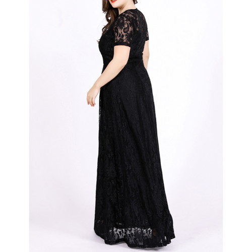 Black Lace Short Sleeve Plus Size Maxi Dress TQK311094-2