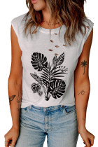 White Tropical Palm Leaves Print Ripped Crew Neck Tank Top LC2567178-1