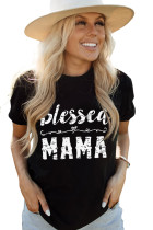 Black Blessed MAMA Letter Print Short Sleeve T Shirt LC25217636-2