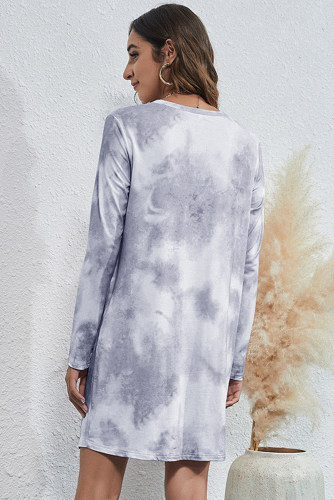 Gray Long Sleeve Tie-dye T Shirt Dress with Twist Hem LC229514-11