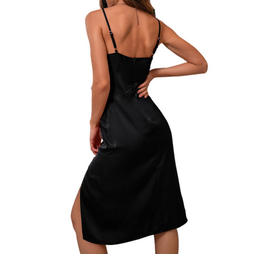 Black Cowl Neck Split Satin Party Dress TQK311117-2