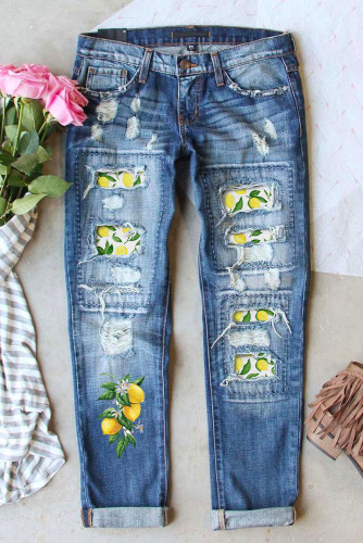 Sky Blue Lemon Pattern Patchwork Mid Rise Distressed Jeans LC7871201-4