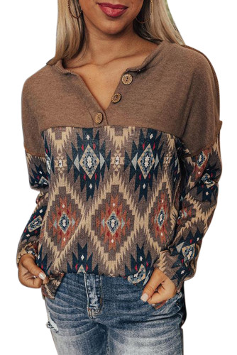 Brown Western Aztec Print Buttoned V Neck Top LC25112764-17