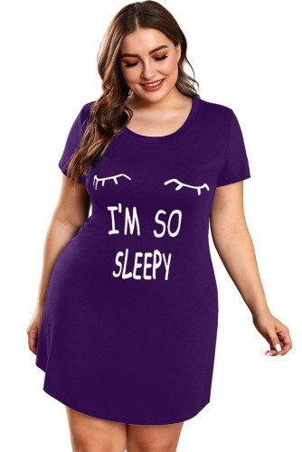 Purple Plus size LET ME SLEEP Graphic Print Black Nightwear Mini Dress LC31311-8