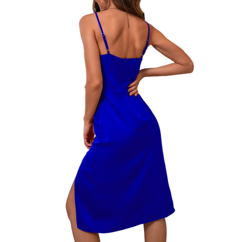 Blue Cowl Neck Split Satin Party Dress TQK311117-5