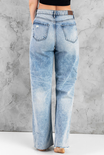 Sky Blue Distressed Hollow-out Knees Wide Leg Jeans LC787114-4