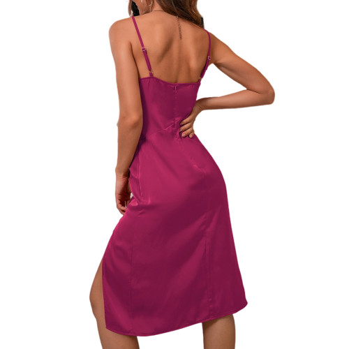 Rosy Cowl Neck Split Satin Party Dress TQK311117-6