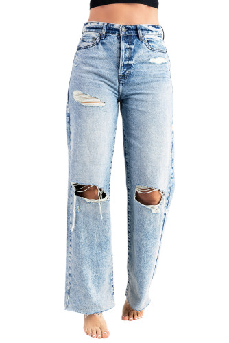 Sky Blue Distressed Hollow-out Knees Wide Leg Jeans LC787114-4