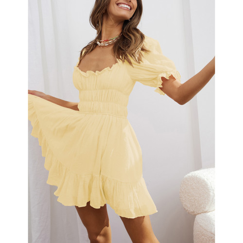 Yellow Low Back Smocked Puff Sleeve Mini Dress TQK311119-7
