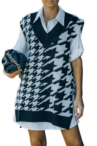 Black Houndstooth Sweater Vest with Slits LC274002-2