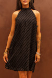 Black Textured Halter Lace-up Sleeveless Mini Dress LC6110102-2