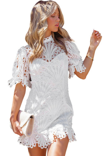 White Puff Sleeve Crochet Lace Mini Dress LC6110623-1