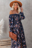 Blue Smocked Off Shoulder Side Slit Floral Dress LC6110587-5
