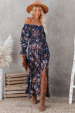 Blue Smocked Off Shoulder Side Slit Floral Dress LC6110587-5