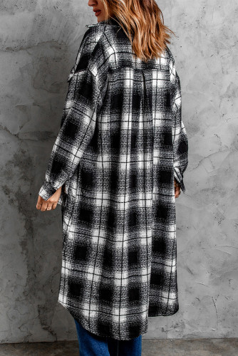Black Plaid Print Buttoned Pocketed Long Sleeve Long Coat LC8512207-2
