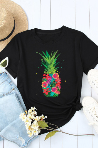 Black Floral Pineapple Graphic Print Crew Neck T Shirt LC25217768-2