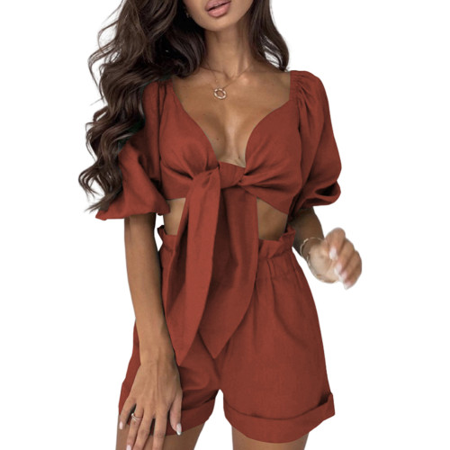 Reddish Brown Tie Frong Long Sleeve Crop with Pocket Shorts Set TQV810006-66