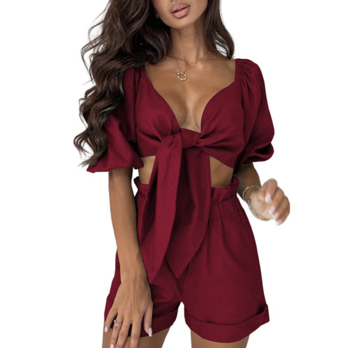 Burgundy Tie Frong Long Sleeve Crop with Pocket Shorts Set TQV810006-23