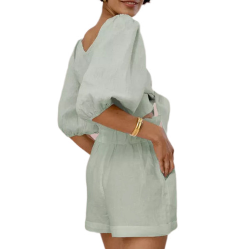 Light Green Tie Frong Long Sleeve Crop with Pocket Shorts Set  TQV810006-28