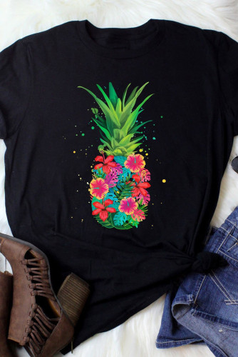 Black Floral Pineapple Graphic Print Crew Neck T Shirt LC25217768-2
