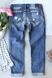 Sky Blue Leopard Daisy Patchwork Mid Rise Distressed Jeans LC7871214-4