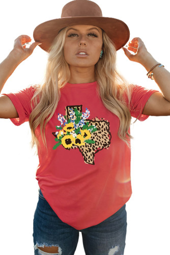 Red Leopard Sunflower Texas Print Graphic T Shirt LC25217771-3