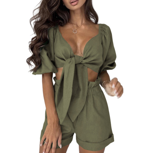 Army Green Tie Frong Long Sleeve Crop with Pocket Shorts Set TQV810006-27