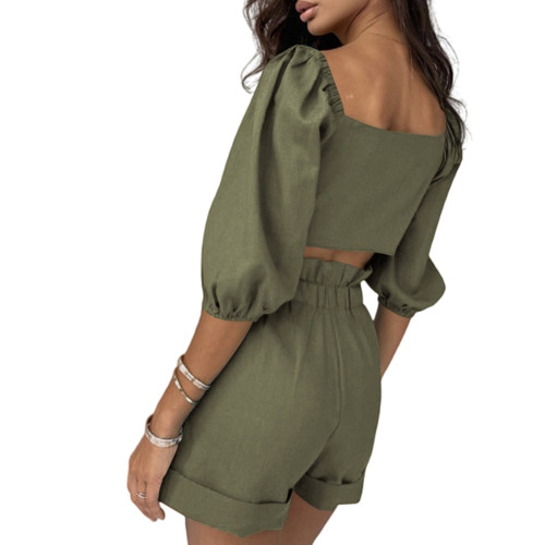 Army Green Tie Frong Long Sleeve Crop with Pocket Shorts Set TQV810006-27