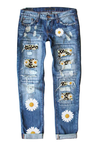 Sky Blue Leopard Daisy Patchwork Mid Rise Distressed Jeans LC7871214-4