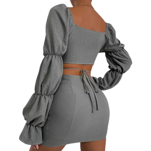 Gray Hollow-out V Neck Crop Top and Skirts 2pcs Set TQV810010-11