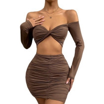 Brown Pleated Long Sleeve Crop Top and Skirt Set TQV810009-17