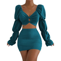 Cyan Hollow-out V Neck Crop Top and Skirts 2pcs Set TQV810010-68