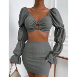 Gray Hollow-out V Neck Crop Top and Skirts 2pcs Set TQV810010-11