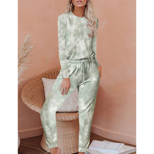 Light Green Tie Dye Print Long Sleeve with Pant Lounge Set TQV810007-28