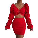 Red Hollow-out V Neck Crop Top and Skirts 2pcs Set TQV810010-3