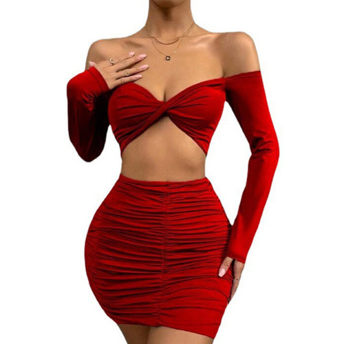 Red Pleated Long Sleeve Crop Top and Skirt Set TQV810009-3