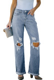 Sky Blue Loose Straight Leg High Waist Distressed Jeans LC787919-4