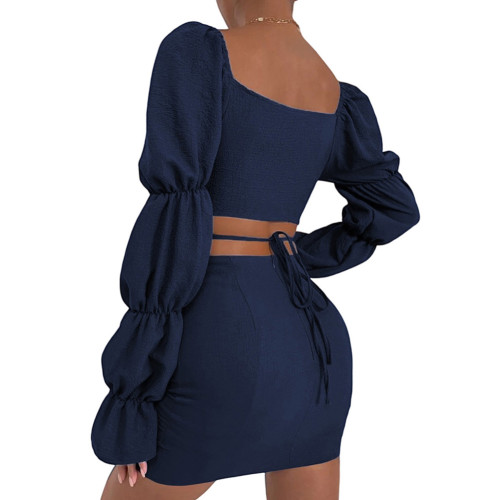 Navy Blue Hollow-out V Neck Crop Top and Skirts 2pcs Set TQV810010-34