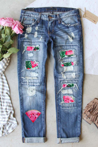 Sky Blue Watermelon Graphic Patchwork Distressed Jeans LC7871249-4