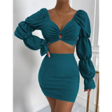 Cyan Hollow-out V Neck Crop Top and Skirts 2pcs Set TQV810010-68