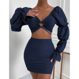 Navy Blue Hollow-out V Neck Crop Top and Skirts 2pcs Set TQV810010-34