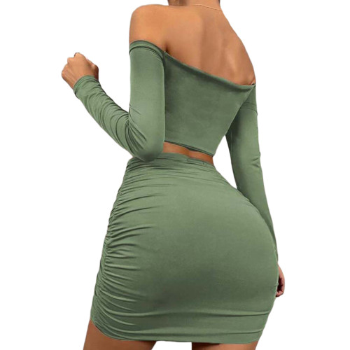 Green Pleated Long Sleeve Crop Top and Skirt Set TQV810009-9