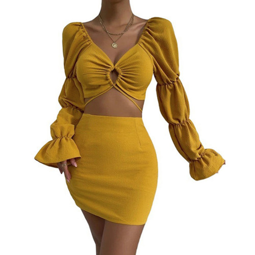 Yellow Hollow-out V Neck Crop Top and Skirts 2pcs Set TQV810010-7