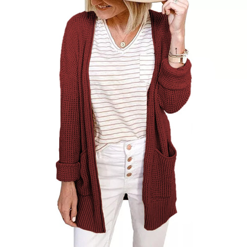 Rust Red Waffle Knit Cardigan with Pockets TQK271081-103