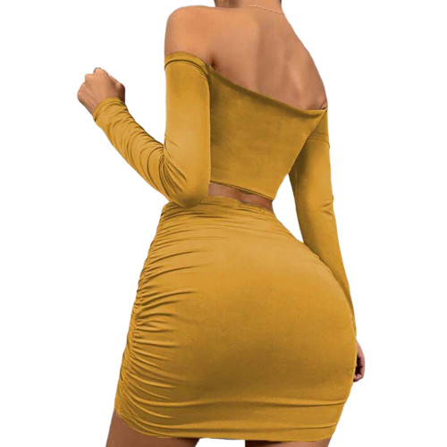 Yellow Pleated Long Sleeve Crop Top and Skirt Set TQV810009-7